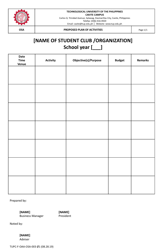 Proposed Plan of Activities
