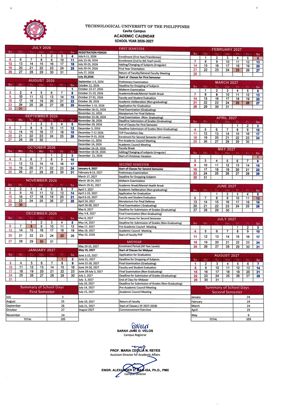 Preview of the signed Academic Calendar SY 2026-2027, with the month-by-month calendar and the schedule of activities